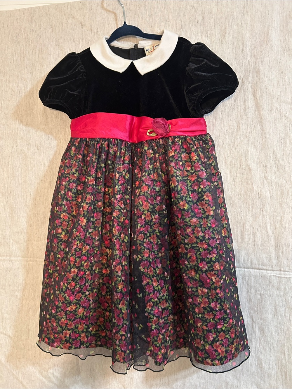 Black Velvet and Floral Girls' Party Dress with Pink Sash